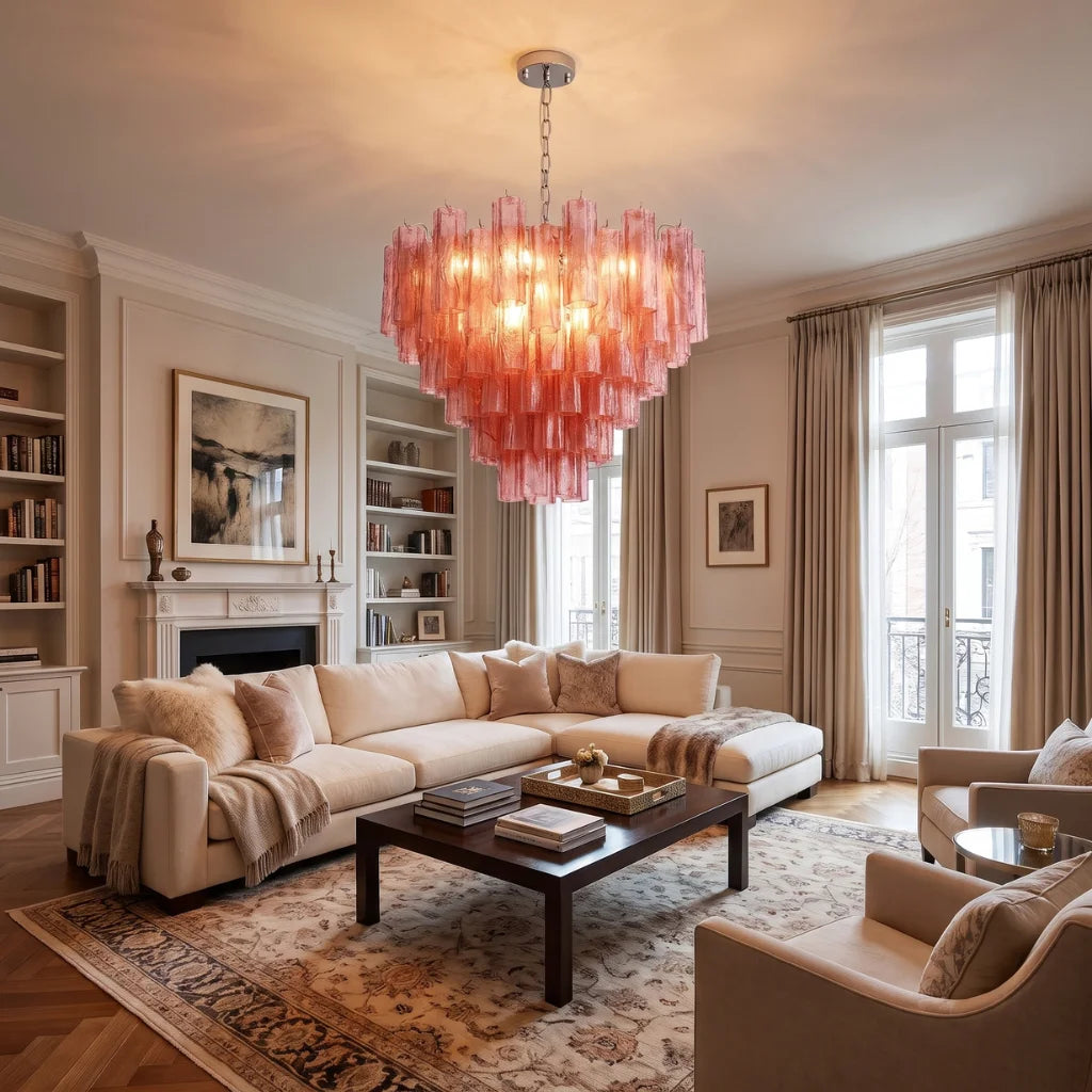 Tubular glass chandelier in foyer entryway setting