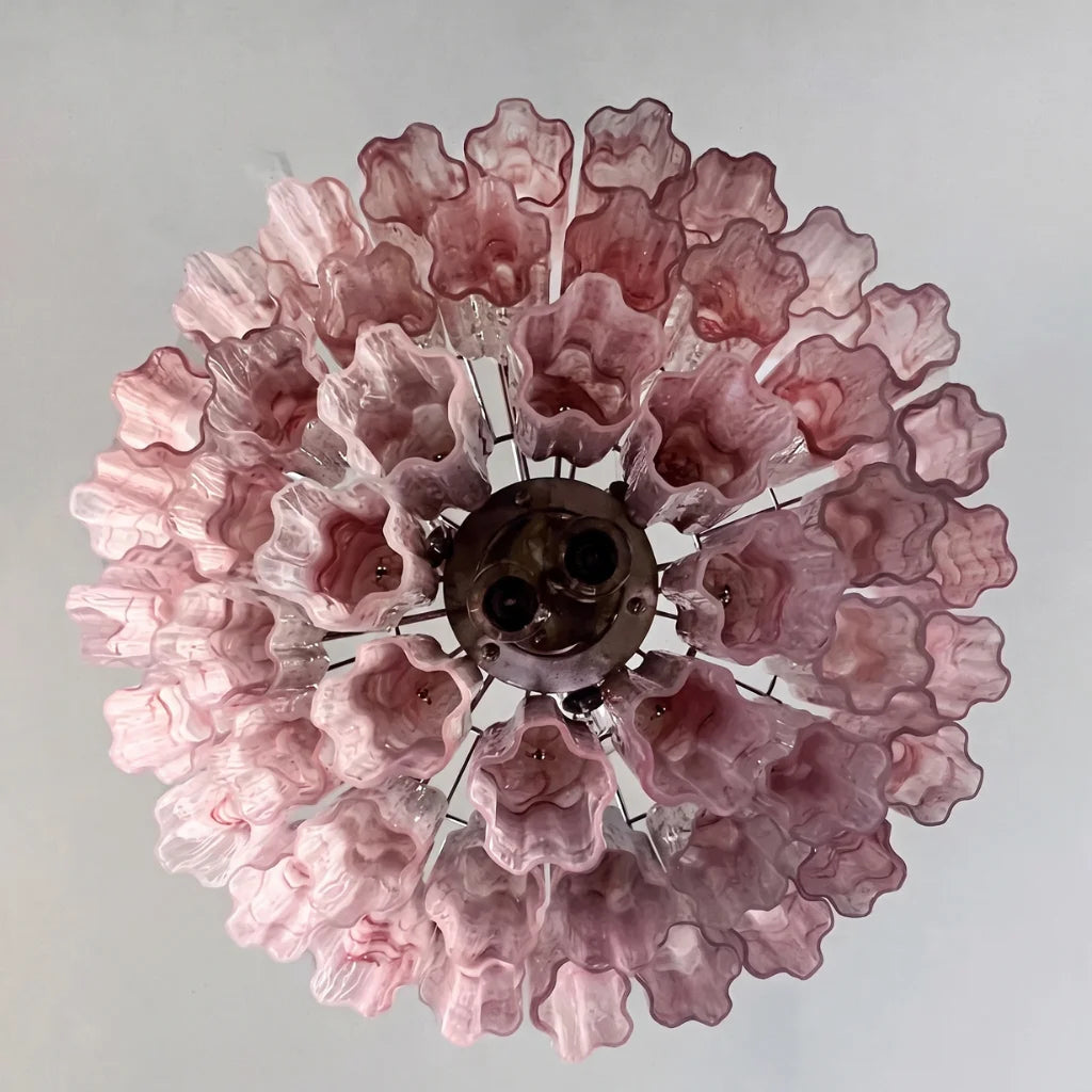 Tubular glass chandelier chrome frame detail close-up