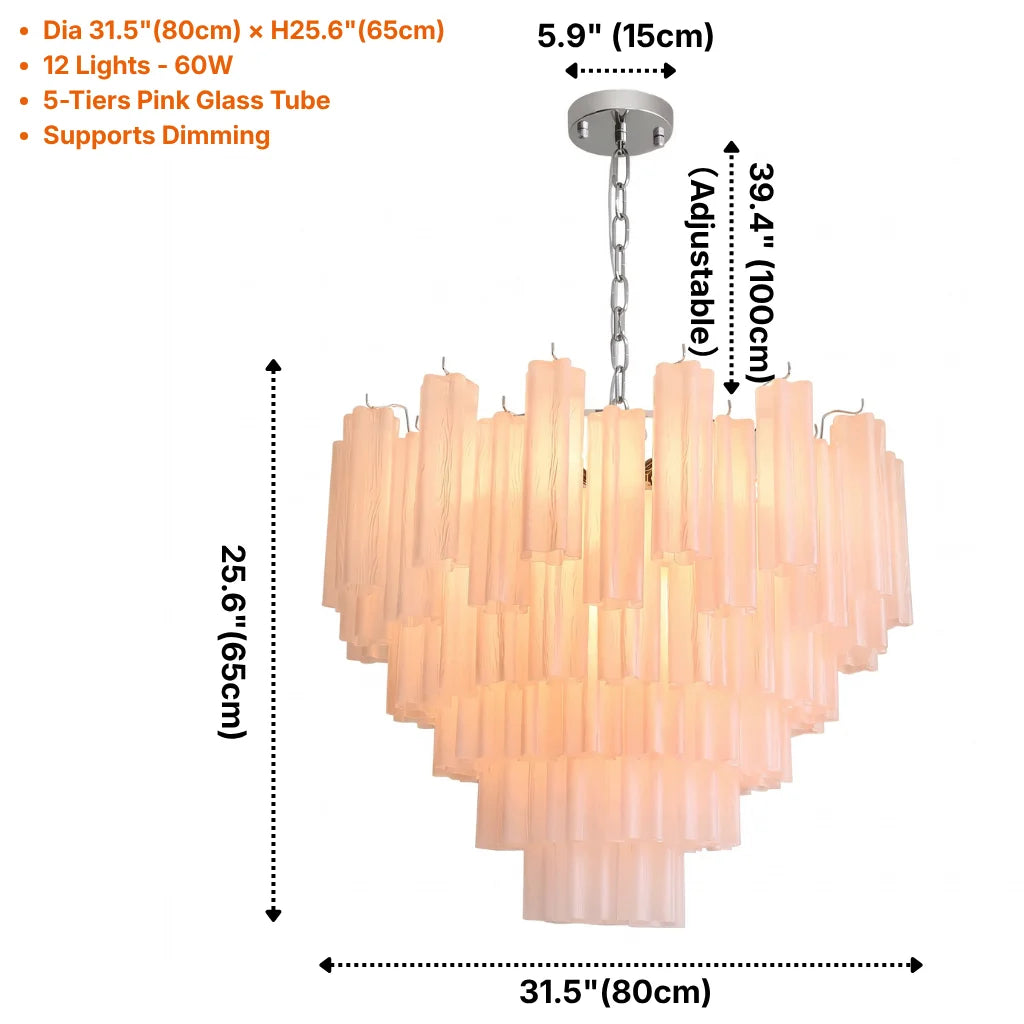 Tubular glass chandelier pink glass tube detail