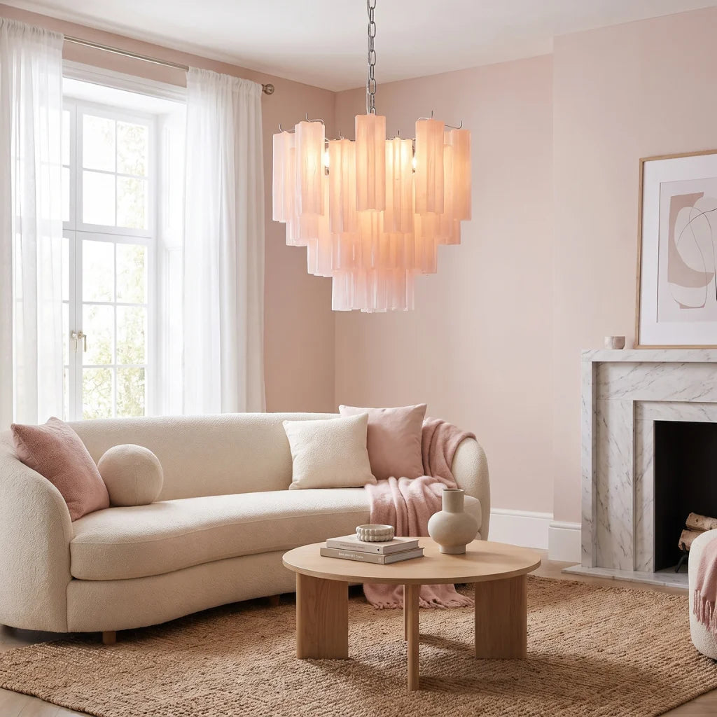 Tubular glass chandelier in living room setting