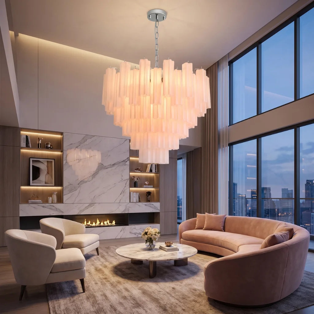 Tubular glass chandelier above dining table
