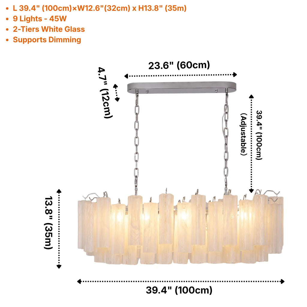 Tubular glass pendant light in dining room setting