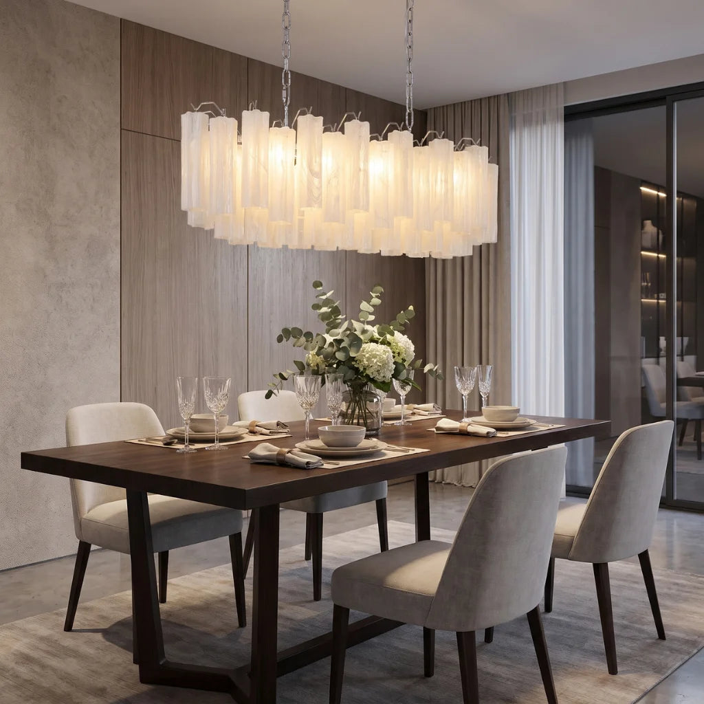 Tubular glass pendant light over kitchen island