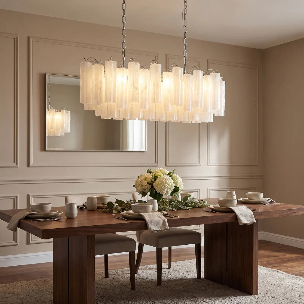 Tubular glass pendant light above dining table