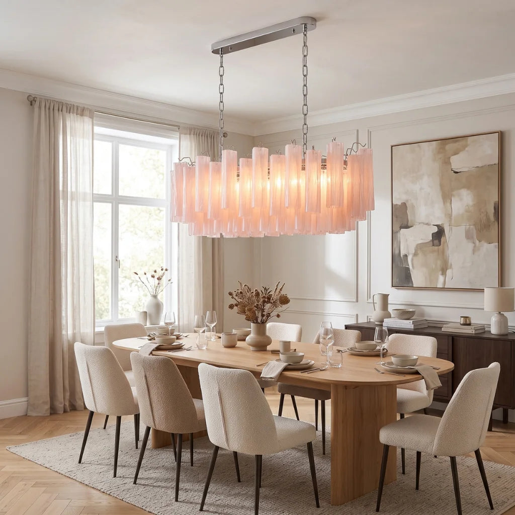 Tubular glass pendant light chrome frame detail close-up