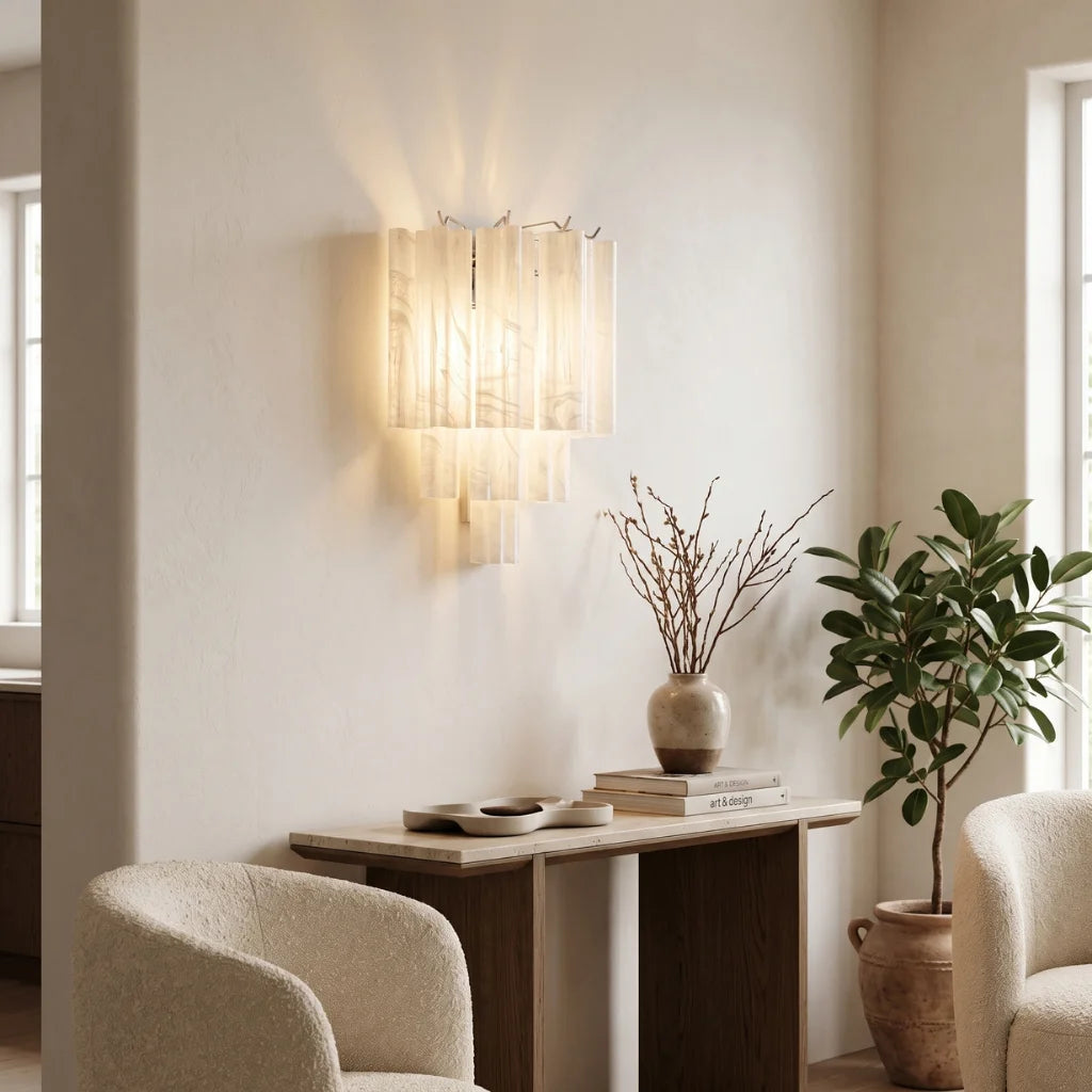 Tubular glass wall sconce in bedroom setting