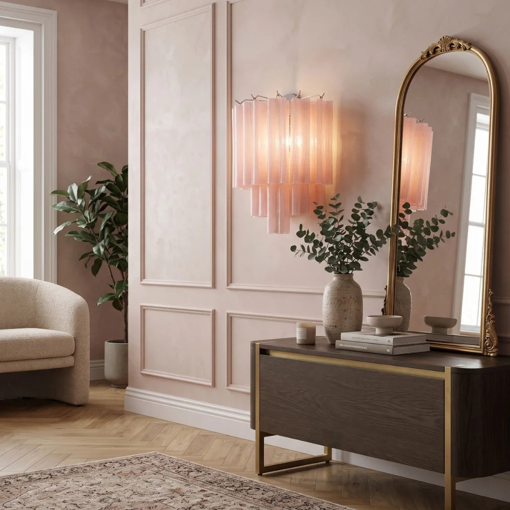 Tubular glass wall sconce illuminated warm glow
