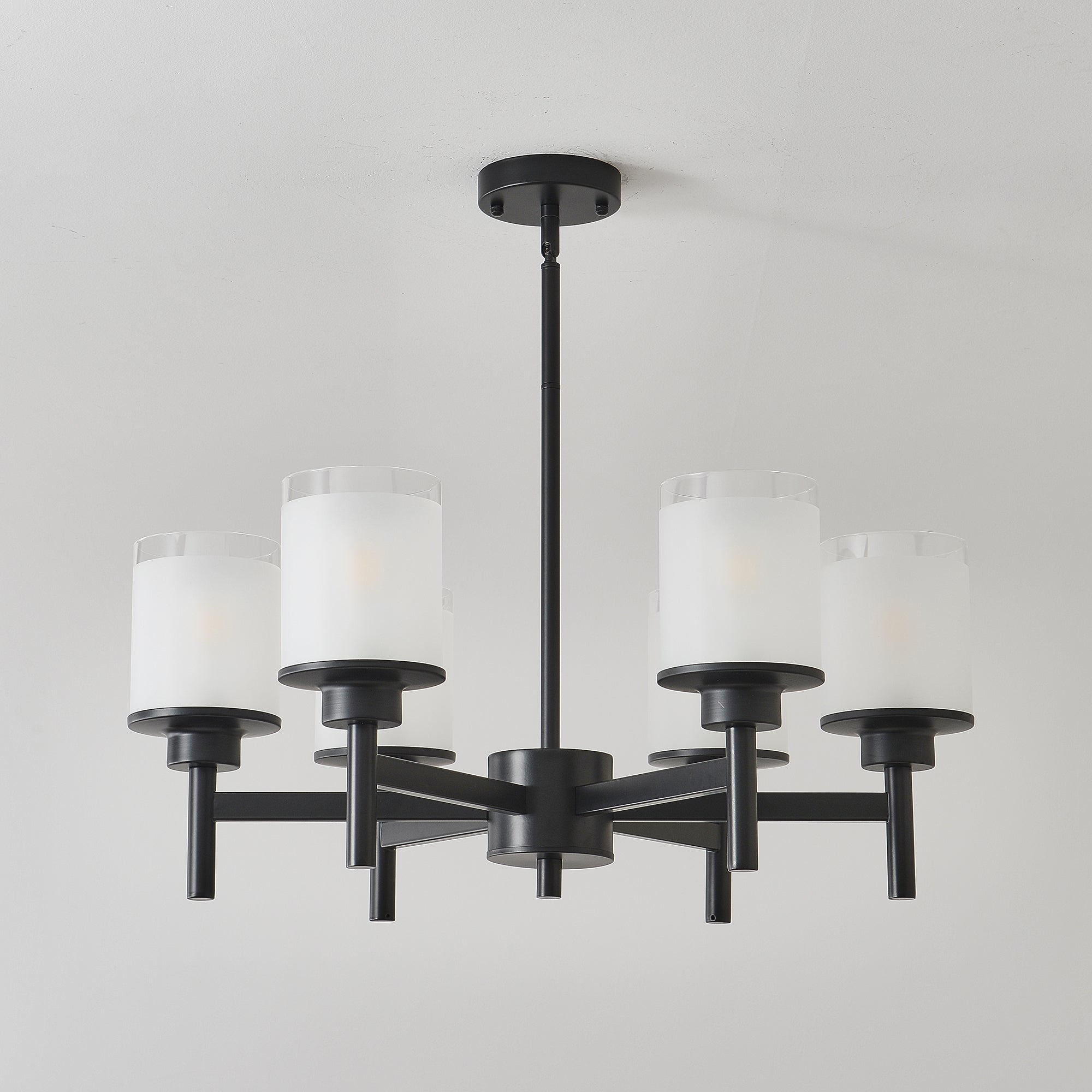 Clara matte black farmhouse chandelier adjustable height rods detail