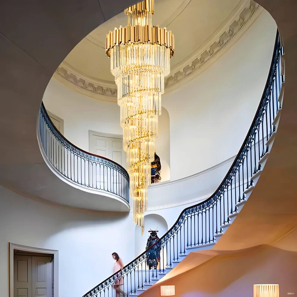 Astra Chandelier-X-Long Modern Gold Crystal Chandelier With Entrance