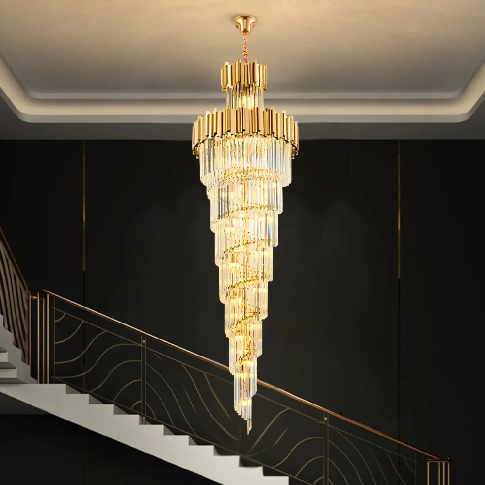 Astra Chandelier-X-Long Modern Gold Crystal Chandelier With Entrance