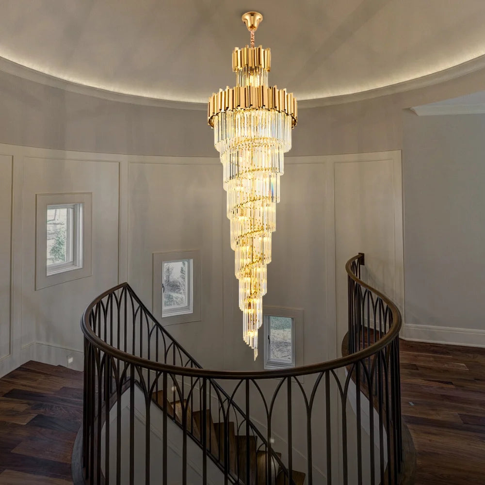 Astra Chandelier-X-Long Modern Gold Crystal Chandelier With Entrance