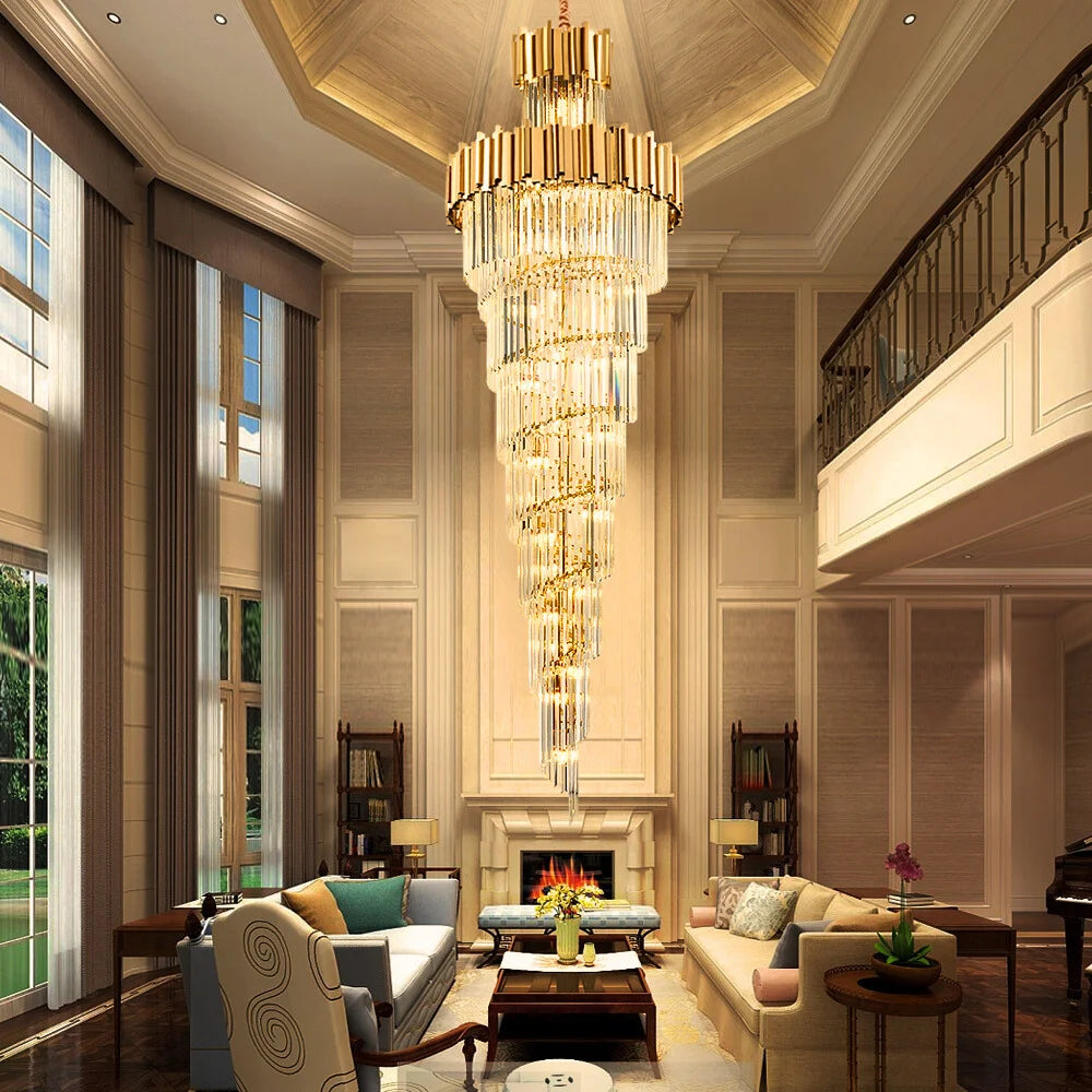 Astra Chandelier-X-Long Modern Gold Crystal Chandelier With Entrance
