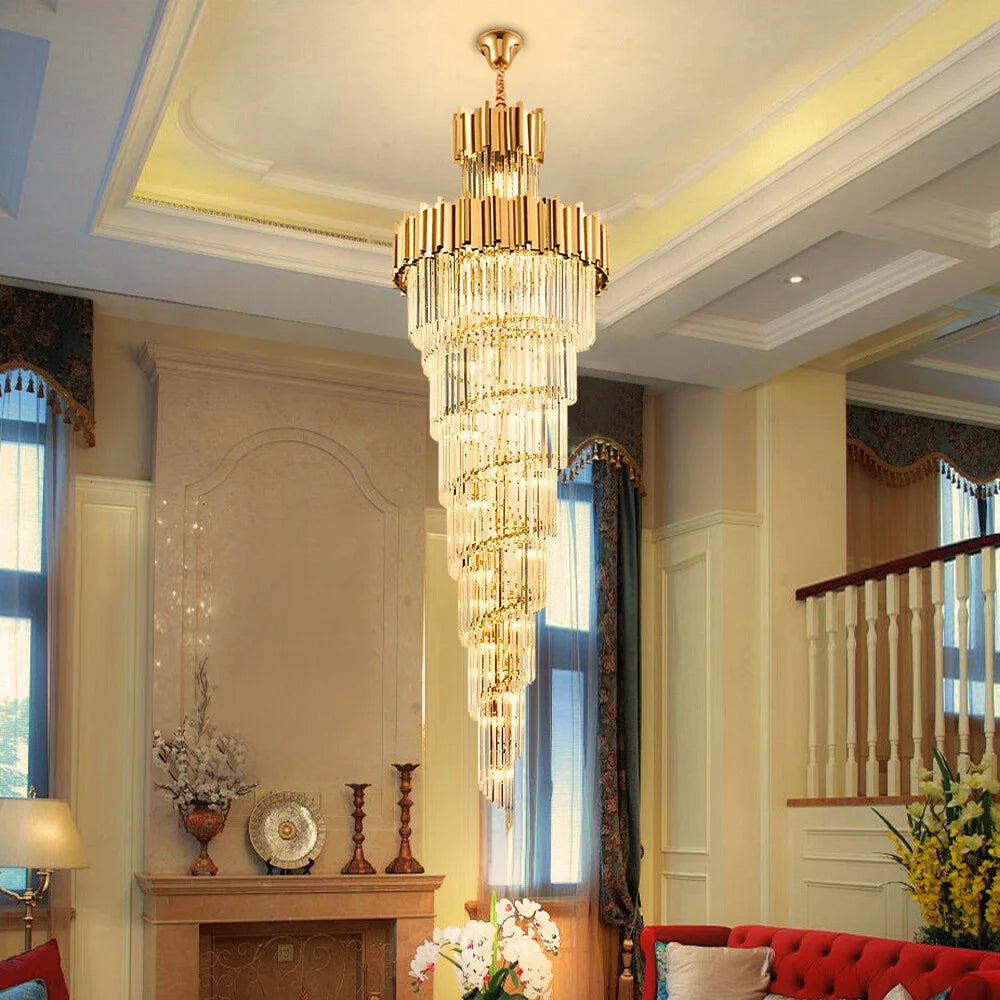 Astra Chandelier-X-Long Modern Gold Crystal Chandelier With Entrance