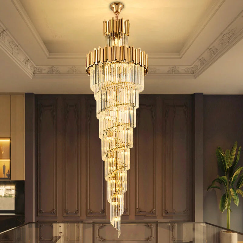 Astra Chandelier-X-Long Modern Gold Crystal Chandelier With Entrance