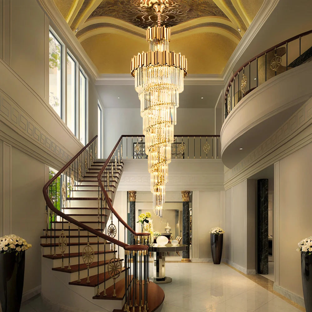 Astra Chandelier-X-Long Modern Gold Crystal Chandelier With Entrance