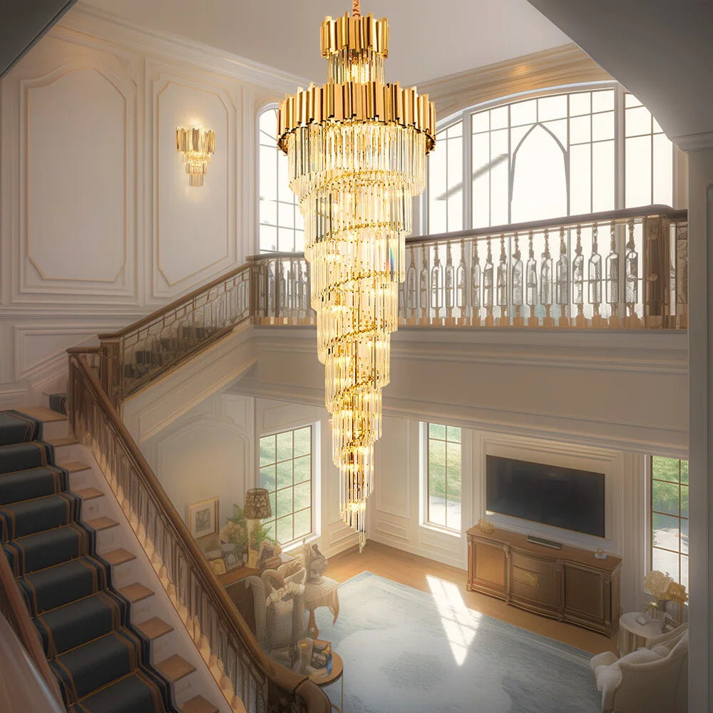Astra Chandelier-X-Long Modern Gold Crystal Chandelier With Entrance