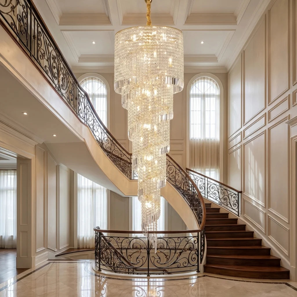 Celis Large Gold Crystal Staircase Chandelier for Tall Foyers & Stairwells