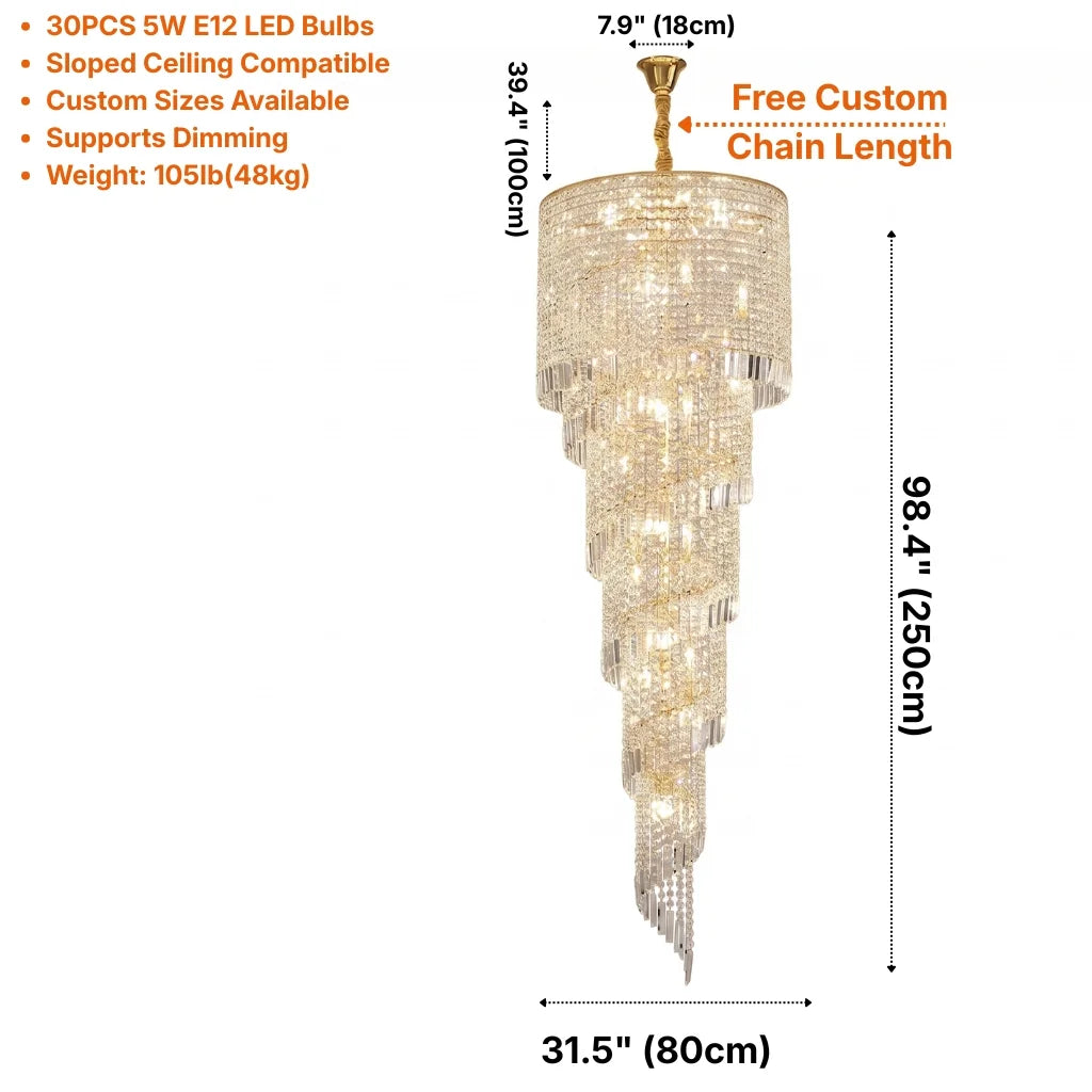 Celis Large Gold Crystal Staircase Chandelier for Tall Foyers & Stairwells