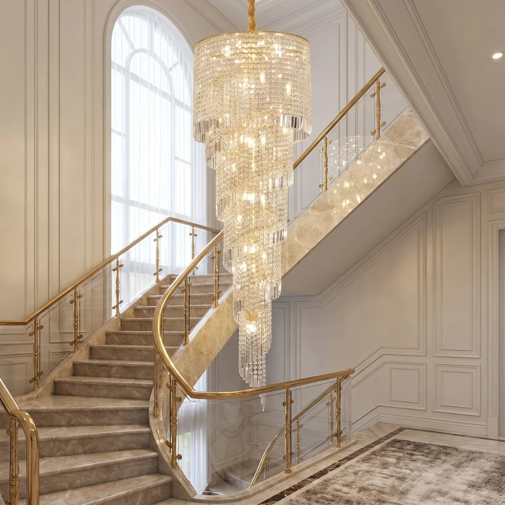 Celis Large Gold Crystal Staircase Chandelier for Tall Foyers & Stairwells