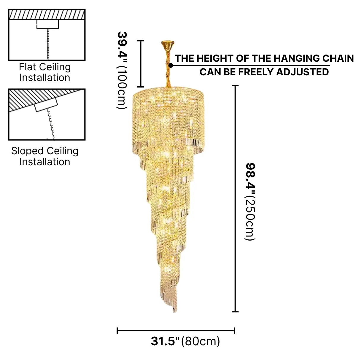 Celis Large Gold Crystal Staircase Chandelier for Tall Foyers & Stairwells