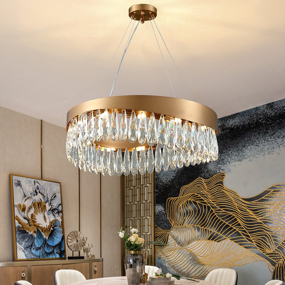 Dewis Chandelier-Living Room Brushed Gold Round Crystal Chandelier With Dimmbale