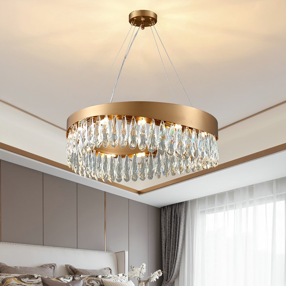Dewis Chandelier-Living Room Brushed Gold Round Crystal Chandelier With Dimmbale