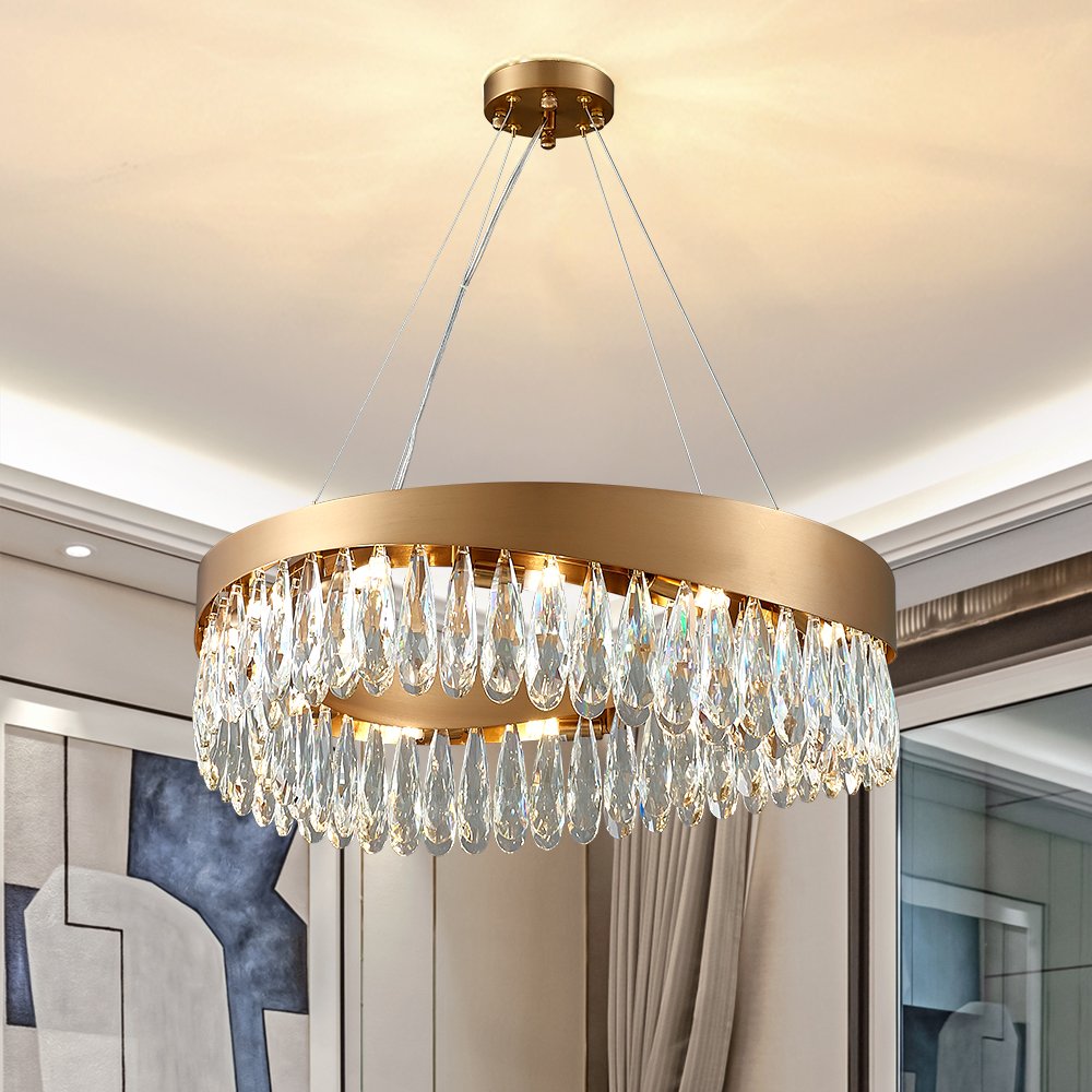 Dewis Chandelier-Living Room Brushed Gold Round Crystal Chandelier With Dimmbale
