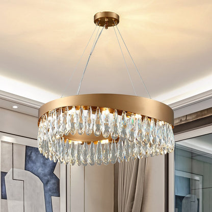 Dewis Chandelier-Living Room Brushed Gold Round Crystal Chandelier With Dimmbale