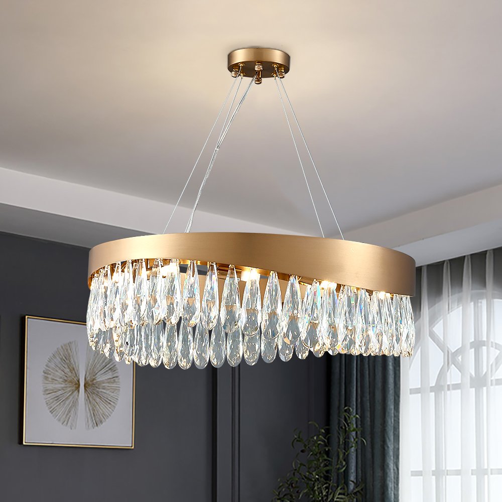 Dewis Chandelier-Living Room Brushed Gold Round Crystal Chandelier With Dimmbale