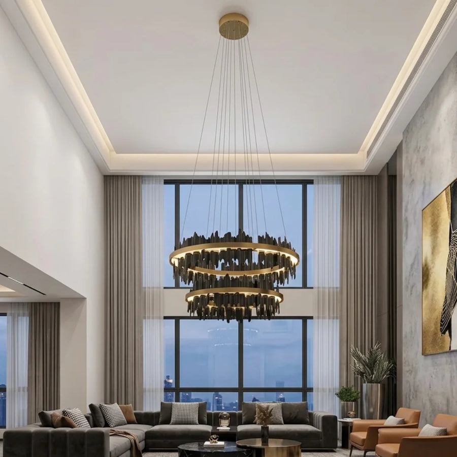 Celestial Gold and Black Round Modern LED Light Chandelier for Living Room