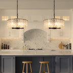 black chandelier with glass shades