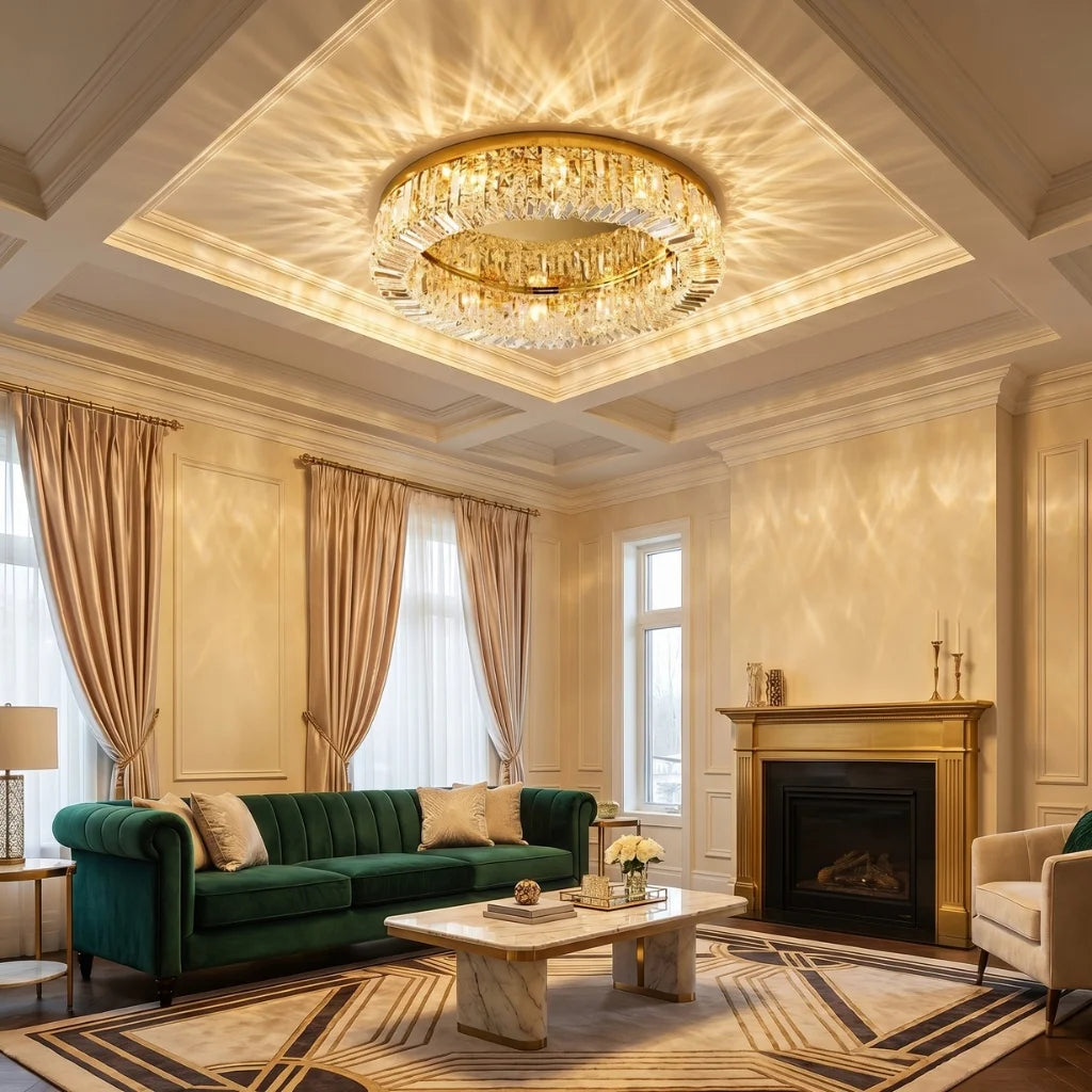 Glossy Round Crystal Ceiling Lamp for Living Room & Dining Room