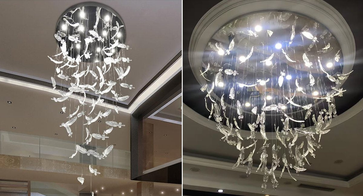 Melodic Chandelier-Custom Large Feather Design Staircase Glass Chandelier-Real Shot
