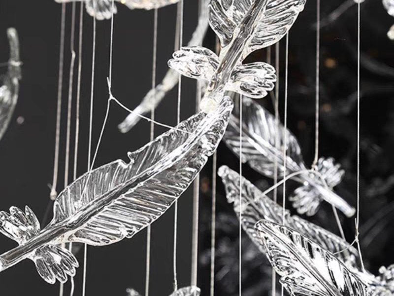 Melodic Chandelier-Custom Large Feather Design Staircase Glass Chandelier-Glass Detail
