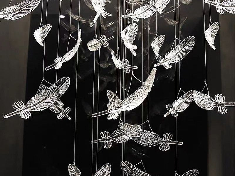 Melodic Chandelier-Custom Large Feather Design Staircase Glass Chandelier-Glass Detail