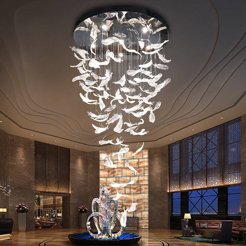 Melodic Chandelier-Custom Large Feather Design Staircase Glass Chandelier