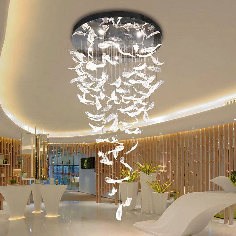 Melodic Chandelier-Custom Large Feather Design Staircase Glass Chandelier