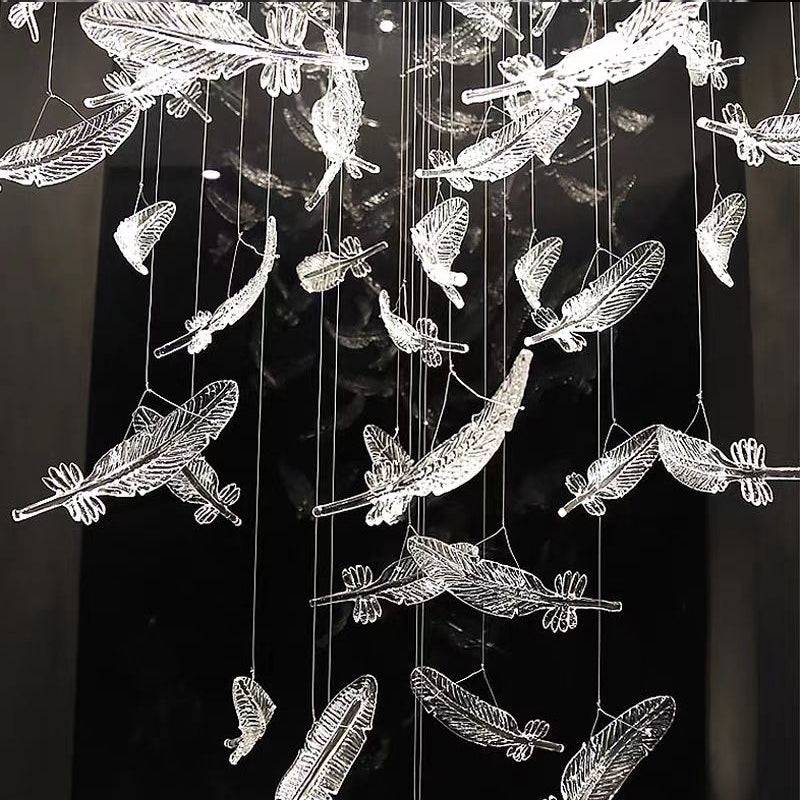 Melodic Chandelier-Custom Large Feather Design Staircase Glass Chandelier-Glass Detail