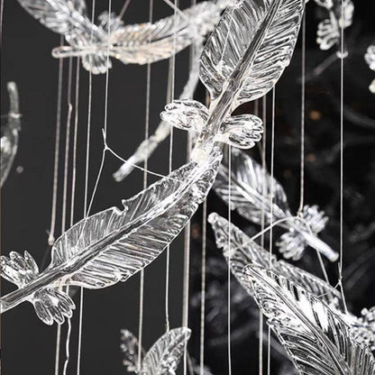 Melodic Chandelier-Custom Large Feather Design Staircase Glass Chandelier-Glass Detail
