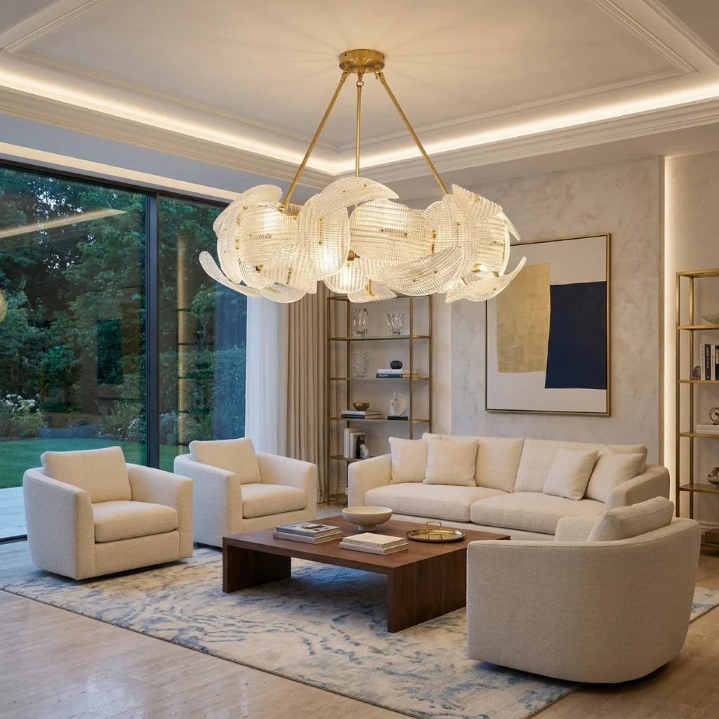 Floe Luxury Glass Gold Chandelier for Living Room & Dining Room