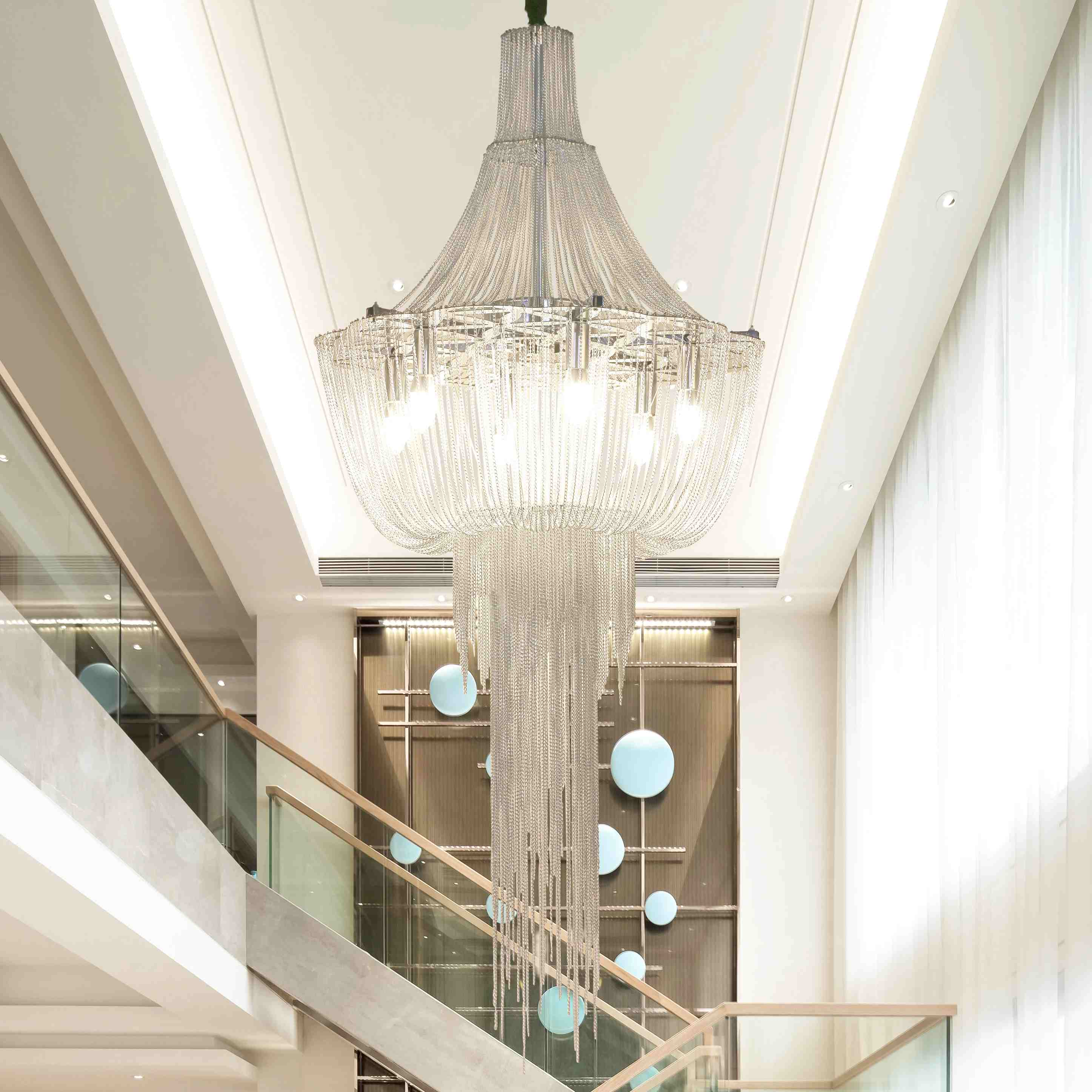 Radiance Chandelier-Modern Long Silver Hanging Lights For Entryway/Staircase