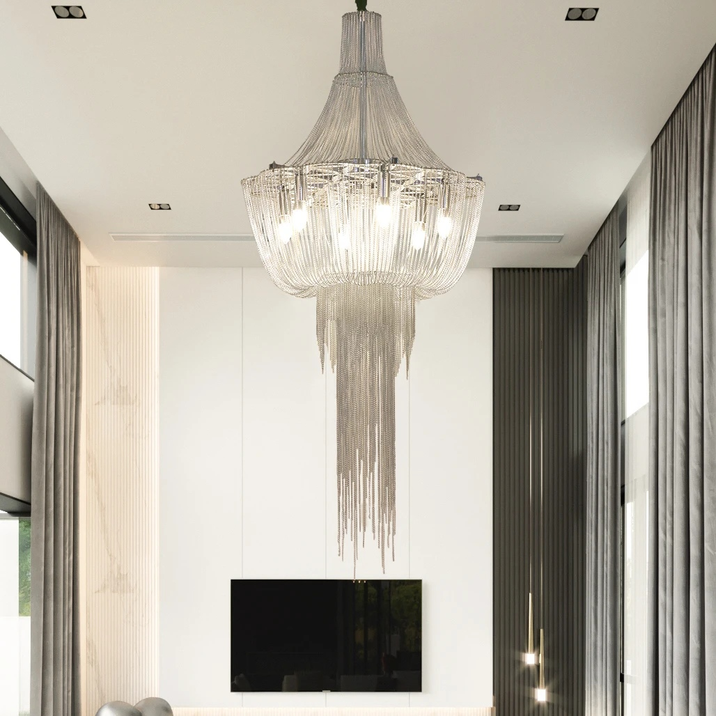 Radiance Chandelier-Modern Long Silver Hanging Lights For Entryway/Staircase