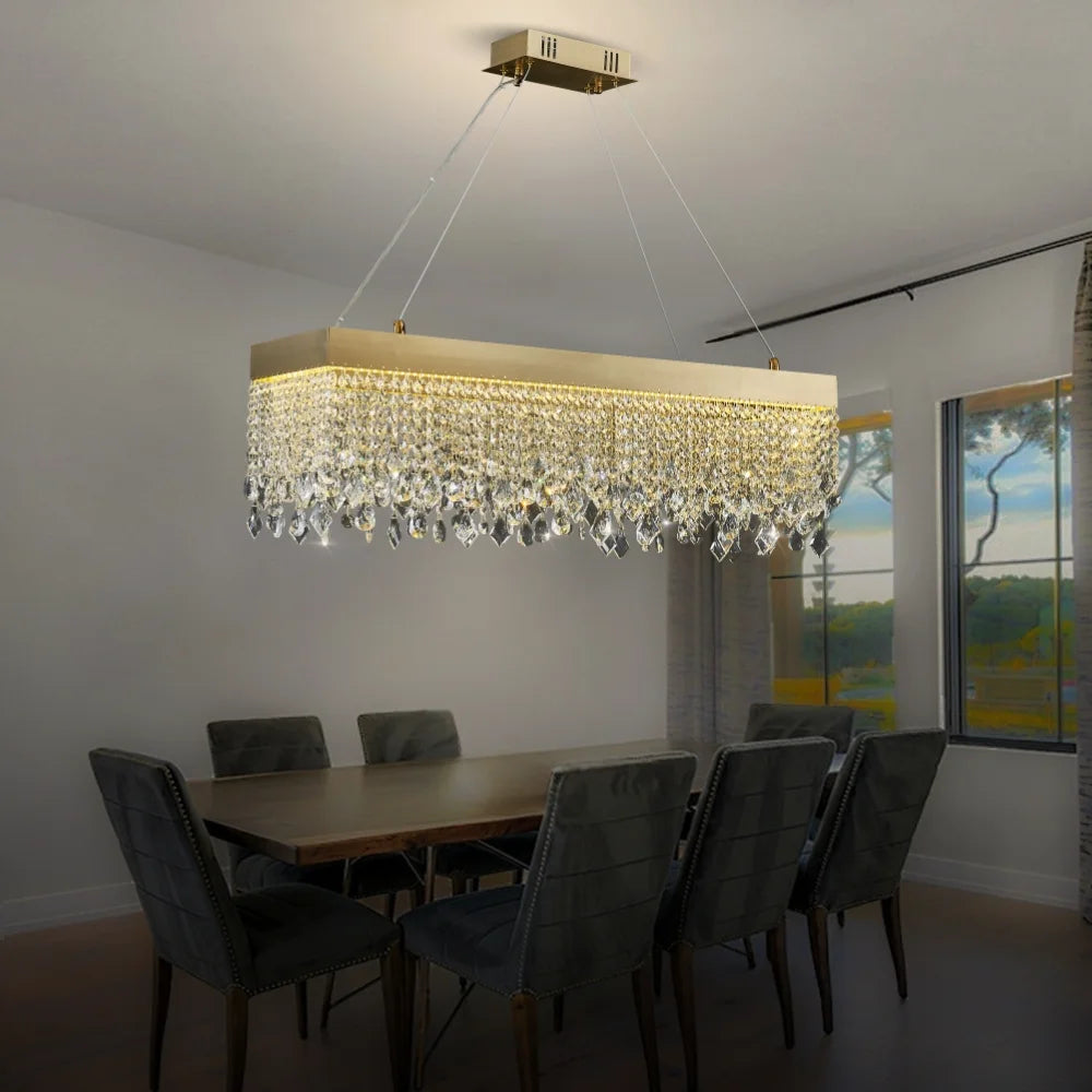 Zara Gold Rectangular Crystal Pendant Light for Dining Room