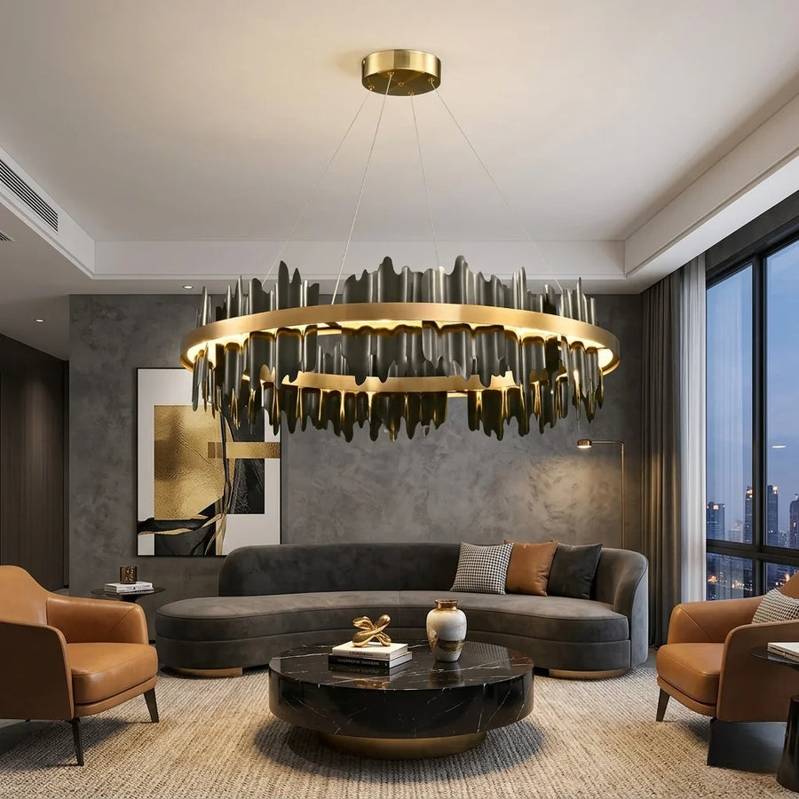 Celestial Gold and Black Round Modern LED Light Chandelier for Living Room