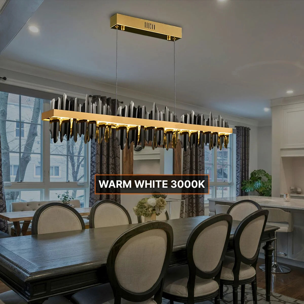 black chandelier over dining table