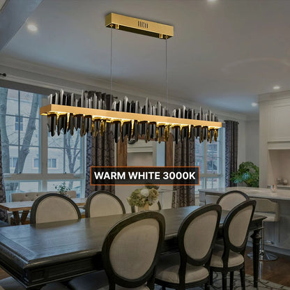 black chandelier over dining table