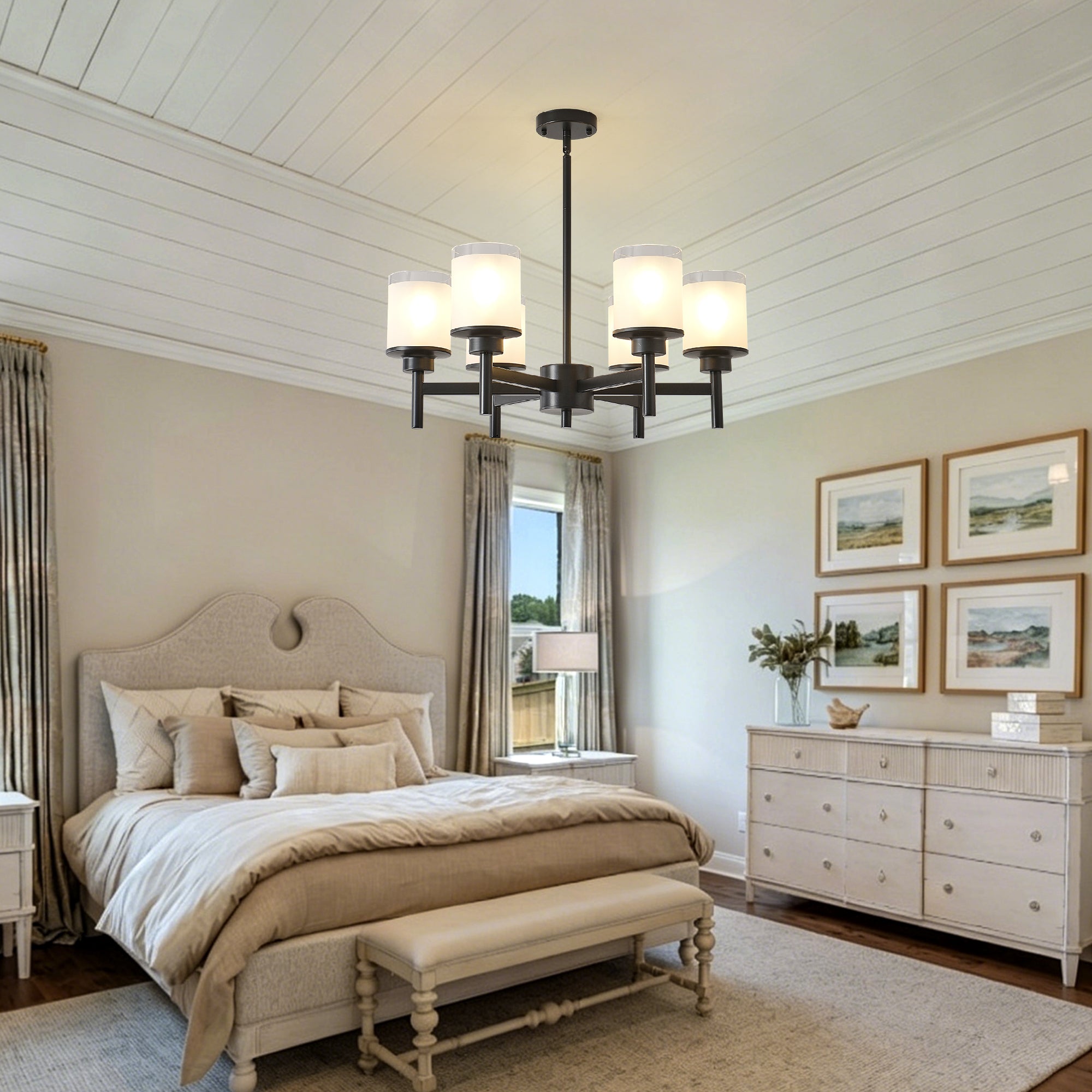 Clara matte black farmhouse chandelier in living room setting