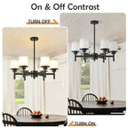 Clara matte black farmhouse chandelier frosted glass shade detail close-up