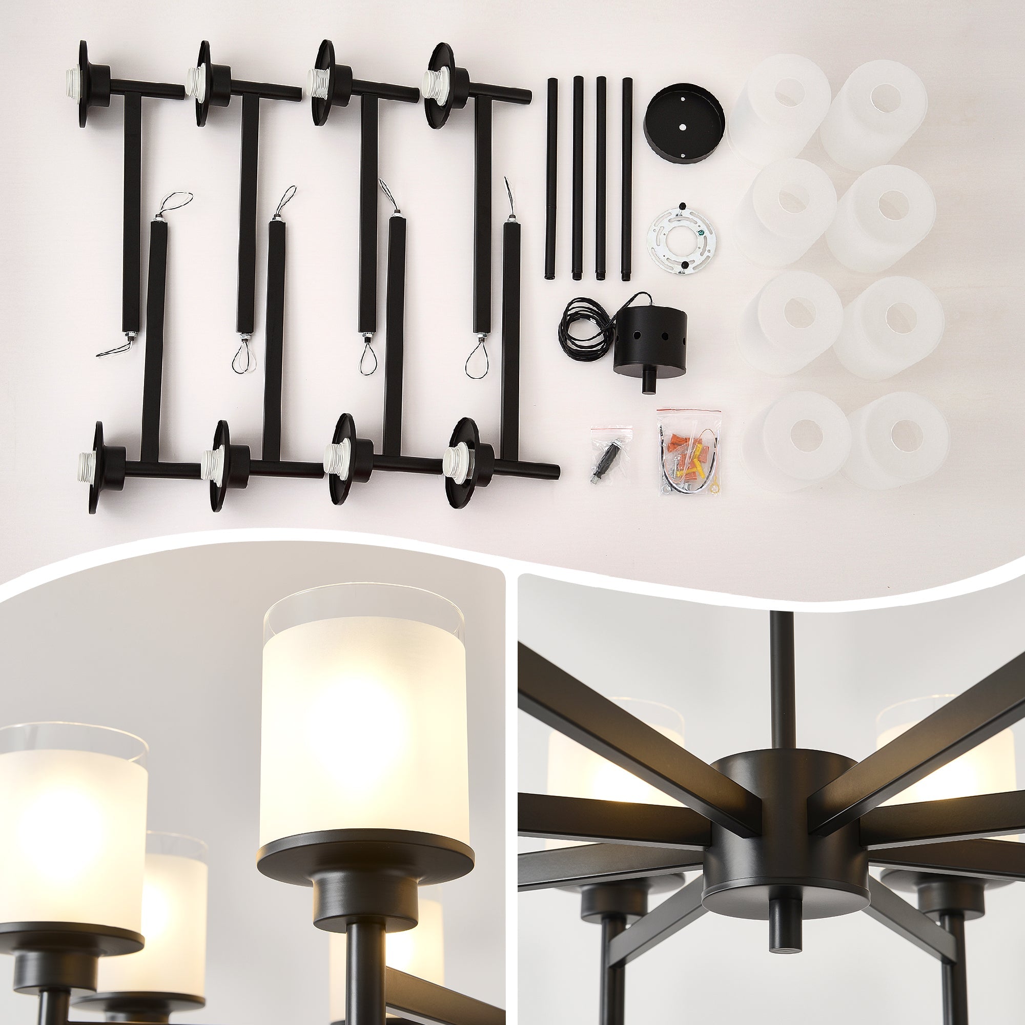 Clara matte black farmhouse chandelier side angle view on white background