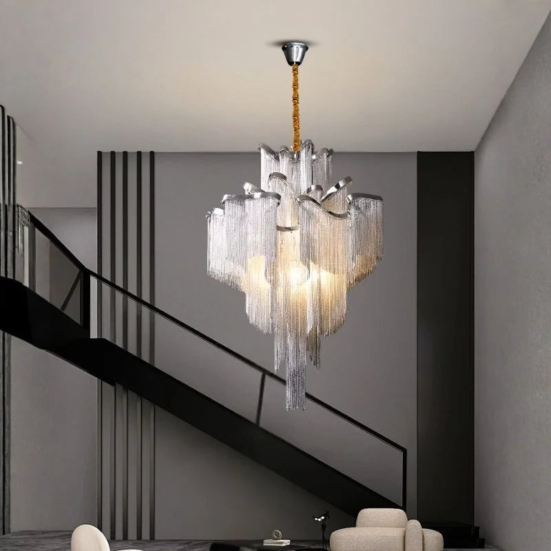 large chrome chain chandelier for staircase